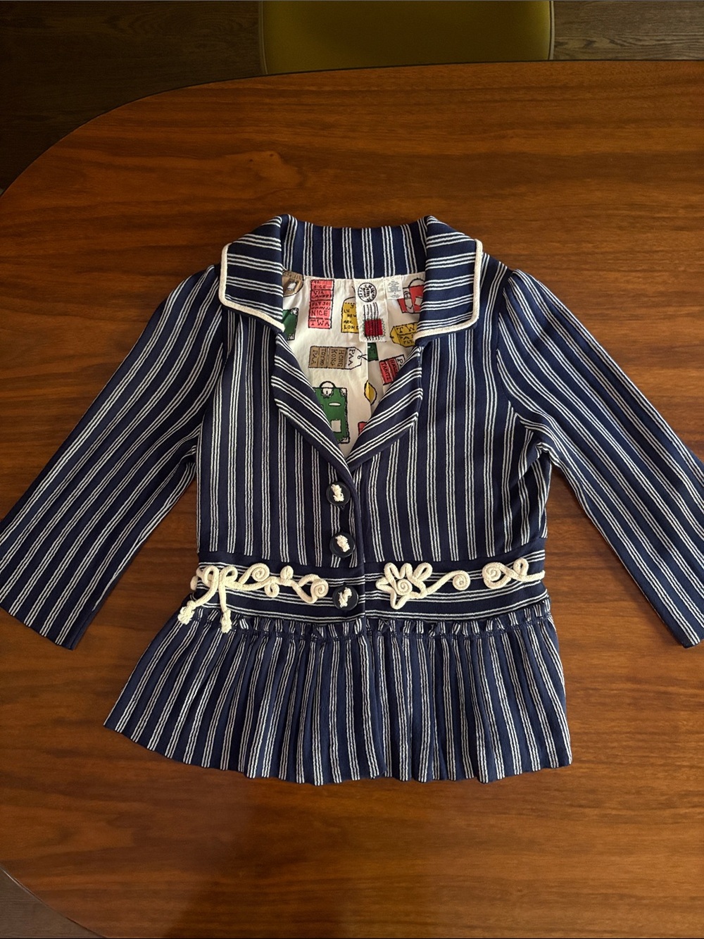 Anthropologie Navy and White Striped Peplum Blazer with Rope Trim